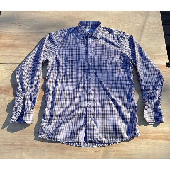ETON CONTEMPORARY Shirt Check Long Sleeve Casual Men's Blue/Brown‎ SIZE 17 1/2" - Picture 1 of 6
